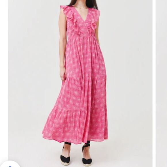 Banjanan Sz L Orion Sleeveless Floral Cotton Tiered Maxi Dress Pink - Picture 2 of 12